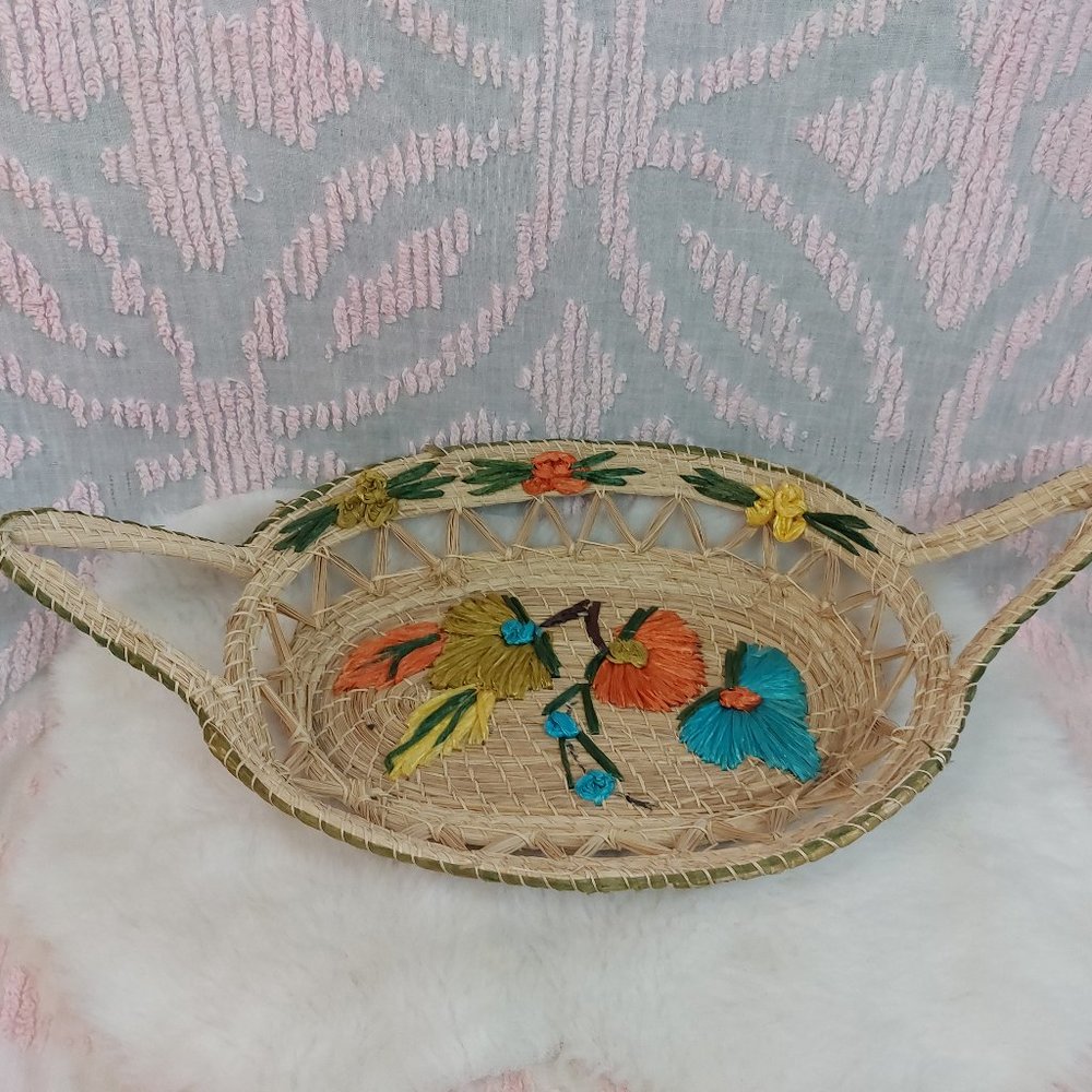 Vintage Boho Casserole Baskets Woven Raffia & Straw w/ Handles